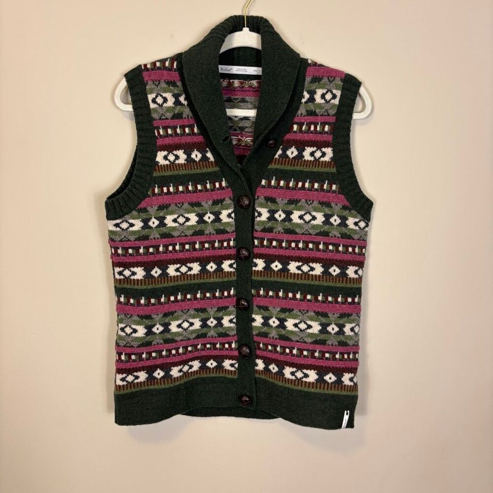 Woolrich 100% Lambswool Green & Pink Collared Button Front Sweater Vest Medium